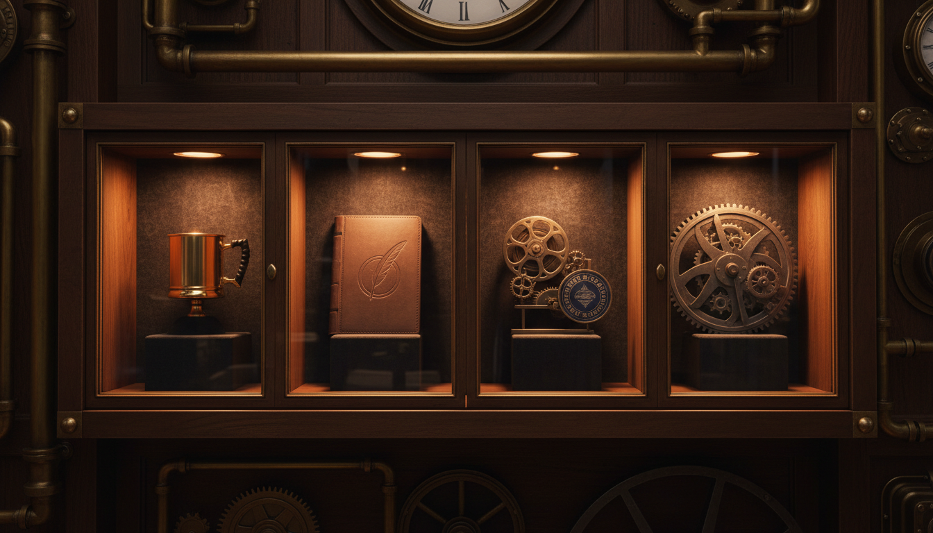 A glass collector's cabinet displaying a brass mug, leather notebook, cinema reel and printing-press gear plate.