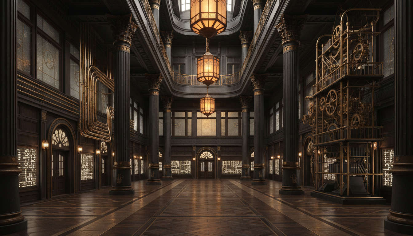 A grand dark publishing-house entrance hall of brass, steel, wood and glass, with machinery and doorways leading to other rooms.