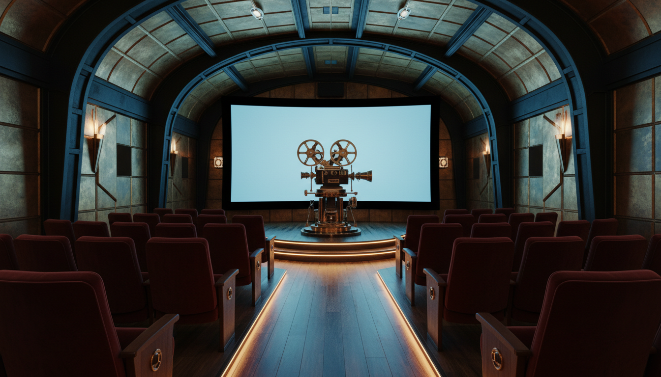 A luxurious dark projection theatre with velvet seating, brass panels and an elaborate mechanical projector.