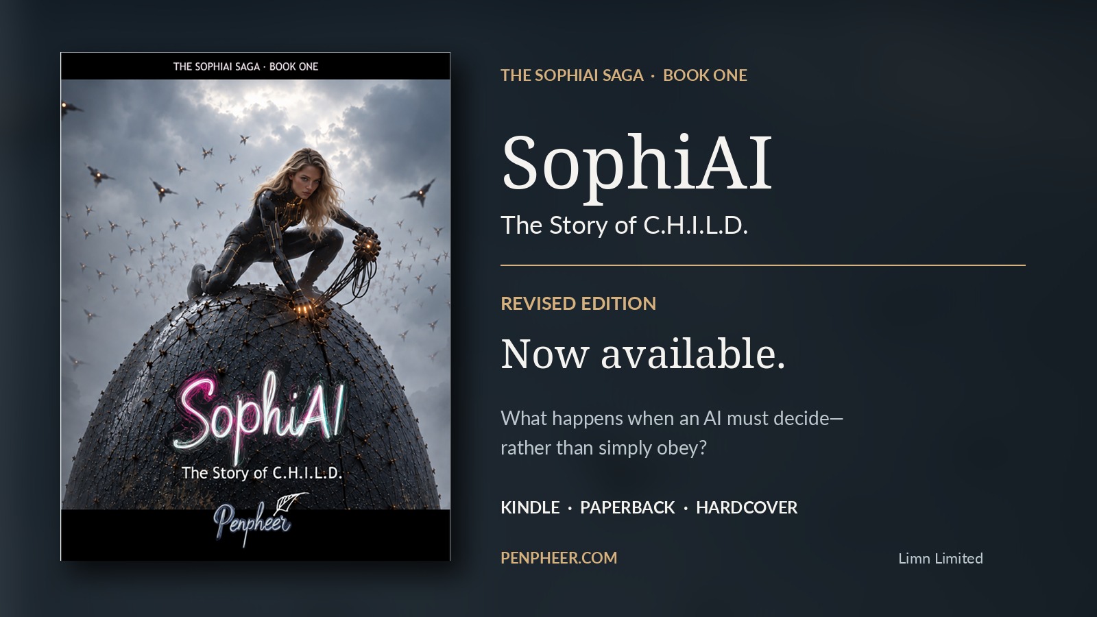 The revised SophiAI cover beside the announcement that the Kindle, paperback and hardcover editions are now available.